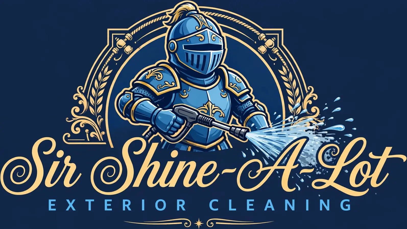 Sir Shine-A-Lot blue knight holding a pressure washer wand, with vintage script lettering
